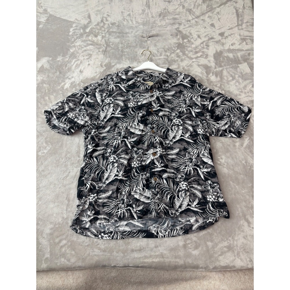 Tommy Bahama Mens Large Black White Tropical Leaf Floral Viscose Hawaiian Shirt